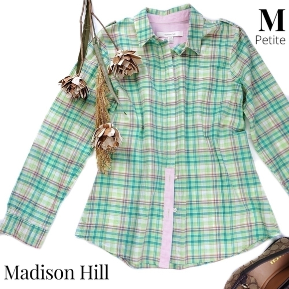 Madison Hill Green Pink Plaid Casual Button Down Shirt Sz Medium Petite - Picture 1 of 12